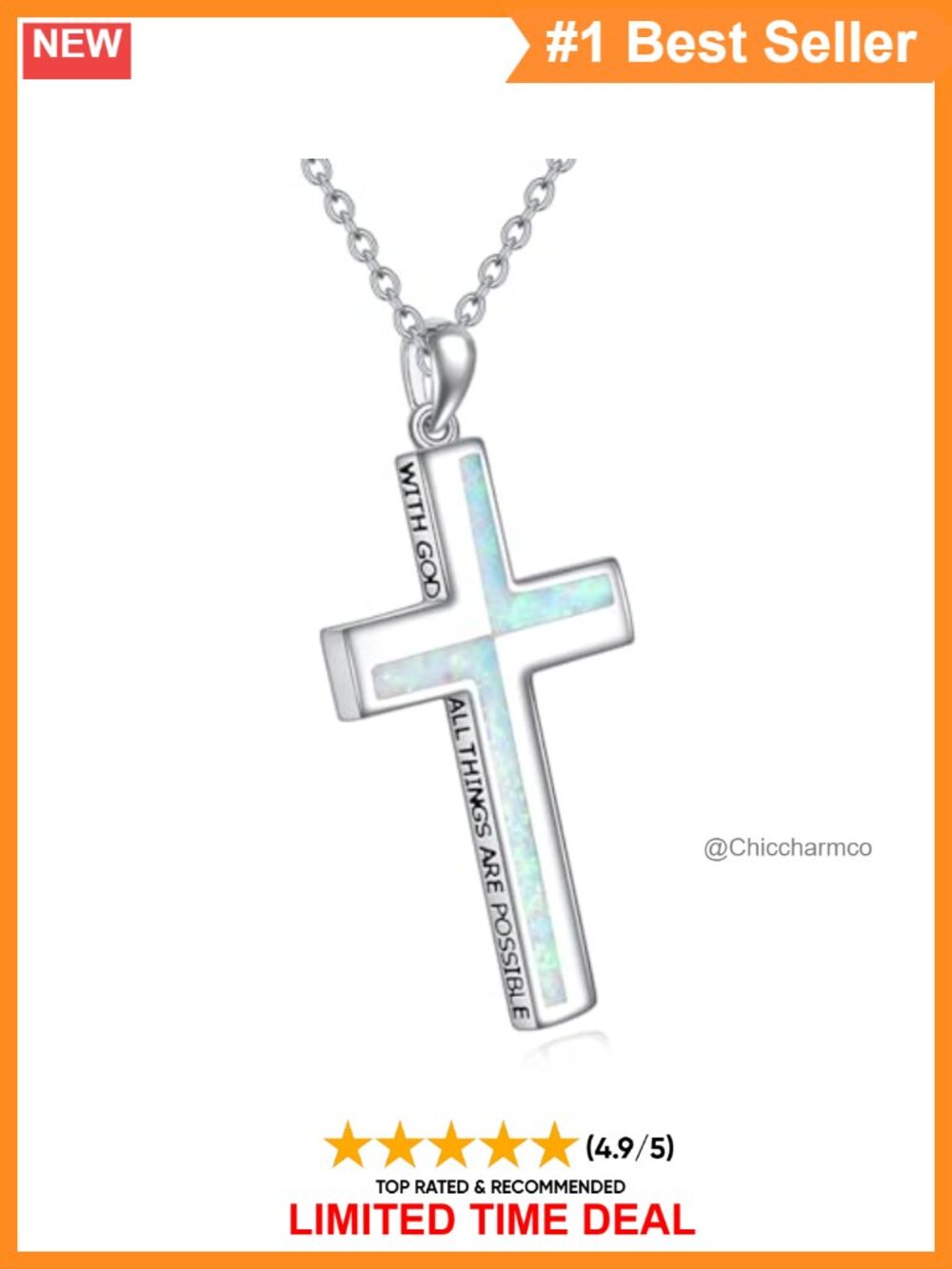 Sterling Silver White Opal Cross Pendant Necklace Rhodium Plated 18in